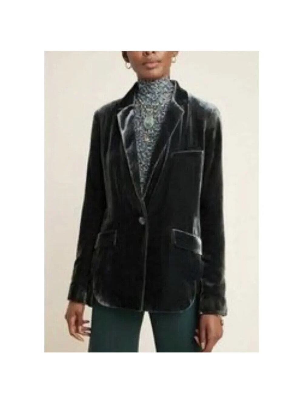 Anthropologie NWOT Women's Alessia Green Velvet Blazer Patterned Lining Size S